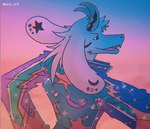 anthro celestial_star_polygon clothing jacket looking_at_viewer looking_back looking_back_at_viewer male moon moon_print print_clothing rear_view simple_background smile smirk solo sparkles star star_print topwear lofihill undertale undertale_(series) asriel_dreemurr_(god_form) boss_monster_(undertale) bovid caprine mammal colorful_theme