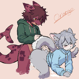 anthro bent_over blue_clothing blue_hoodie blue_topwear bodily_fluids brown_hair clothed clothing cum cum_drip dorsal_fin dripping duo fin fur genital_fluids green_clothing green_hoodie green_topwear grey_body grey_fur grey_hair hair hoodie male male/male markings pantsless red_body red_scales scales spots spotted_markings topwear yellow_eyes orangecan taranaeus aquatic domestic_cat felid feline felis fish mammal requiem_shark shark tiger_shark 1:1 absurd_res hi_res