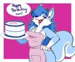 5_claws 5_fingers anthro apron apron_only arm_tuft birthday_cake black_eyebrows blue_body blue_ears blue_eyes blue_fur blue_hair blue_nose blue_pupils blue_tail blue_text blue_tuft border breasts butt_tuft cake cheek_tuft chest_tuft claws clothing countershade_face countershade_neck countershade_tail countershade_torso countershading dessert elbow_tuft exclamation_point eyebrows eyelashes eyeshadow facial_tuft fangs female female_anthro finger_claws fingers fluffy fluffy_tail food fur glistening glistening_eyes glistening_eyeshadow glistening_hair gloves_(marking) hair half-closed_eyes hand_on_hip happy_birthday holding_cake holding_food holding_object looking_at_viewer makeup markings mostly_nude mostly_nude_anthro mostly_nude_female narrowed_eyes open_mouth pink_apron pink_background pink_clothing pink_mouth pink_text pink_tongue pupils purple_eyeshadow shoulder_tuft simple_background solo speech_bubble tail teeth text tongue tuft white_body white_border white_countershading white_inner_ear white_markings white_speech_bubble white_tuft wolf_tail kabula_(artist) sylvia_(stratica) canid canine canis mammal wolf 2020 absurd_res colored digital_drawing_(artwork) digital_media_(artwork) hi_res