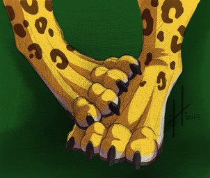 4_toes ambiguous_gender anthro black_claws claws feet foot_focus foot_shot fur green_background simple_background solo spotted_legs toe_claws toes white_body white_fur yellow_body yellow_fur hufnaar 2017 dated