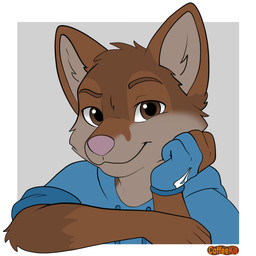 anthro blue_clothing brown_body brown_eyes brown_fur clothing fur glint gloves handwear head_on_hand inner_ear_fluff jacket looking_at_viewer male one_glove pink_nose simple_background smile solo topwear tuft coffeekit coffeekit_(character) canid canine fox mammal colored headshot_portrait hi_res portrait