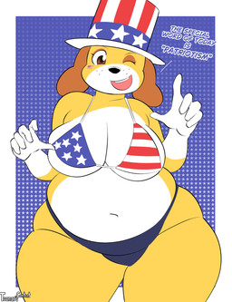 anthro belly big_breasts bikini breasts cleavage clothed clothing female flag_bikini flag_swimwear hat headgear headwear holidays overweight overweight_anthro overweight_female patriotism politics smile swimwear text thick_thighs top_hat two-piece_swimsuit wide_hips toonarscontent 4th_of_july martha_speaks martha_lorraine canid canine canis domestic_dog mammal absurd_res hi_res