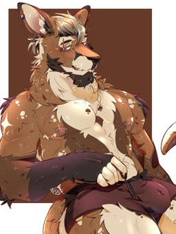 5_fingers anthro barbell_piercing beard blonde_hair brown_body brown_fur brown_nose bulge clothing detailed_bulge ear_piercing eye_scar facial_hair facial_scar fingers fur hair hand_on_belly looking_at_viewer male muscular muscular_male nipple_barbell nipple_piercing nipples piercing scar seductive simple_background solo underwear white_body white_fur mintbnuy wintergreenbndy flint_(mintbnuy) kangaroo macropod mammal marsupial 3:4 absurd_res hi_res