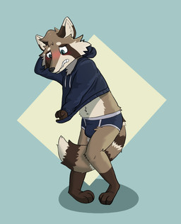 anthro blue_briefs blue_clothing blue_underwear blush briefs clothed clothing embarrassed fluffy fluffy_ears fluffy_tail male pantsless simple_background solo standing tail teeth underwear jonoracc jono mammal procyonid raccoon