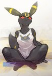 3_toes anthro anthrofied barefoot black_body black_fur breasts clothed clothing eyelashes feet female fur looking_at_viewer markings paws pokemorph red_eyes ring_(marking) shirt sitting solo tail tank_top toes topwear thwillartz nintendo pokemon eeveelution generation_2_pokemon pokemon_(species) umbreon 2025 hi_res signature