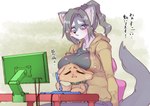 anthro blue_eyes bodily_fluids boob_hat breasts clothed clothing computer drawing_tablet duo electronics eyes_closed female fur grey_body grey_fur hair hoodie jacket kemono keyboard larger_female looking_at_viewer male on_lap ponytail sitting_on_lap size_difference sparkles sparkling_eyes sweat sweatdrop text topwear yazawaowl tsukareta-inu_no_anime reiko_oogami tsukareta-inu_(tsukareta-inu_no_anime) canid canine canis domestic_dog mammal wolf digital_media_(artwork) japanese_text