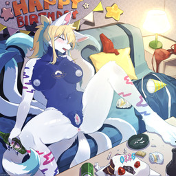 9_tails alcohol anthro anus beer beer_bottle beverage beverage_can big_breasts birthday birthday_cake bodily_fluids bottle breasts cake cigarette clothing container dessert female food genitals hat headgear headwear inner_labia lonely multi_tail nipples nude party_hat sleeping solo tail tattoo tears underwear vulva matmat aewolnan canid canine fox fox_spirit mammal 1:1 hi_res