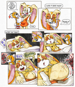 anthro bed belly big_belly duo female furniture pregnant pregnant_female speech_bubble text killboo sega sonic_the_hedgehog_(series) cream_the_rabbit tails_doll lagomorph leporid mammal rabbit 2026 comic english_text hi_res