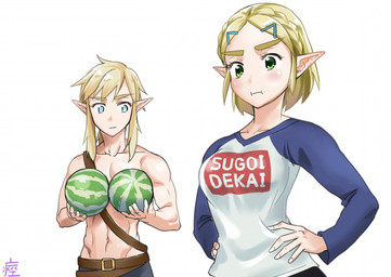 blonde_hair blue_eyes breasts clothing duo female food fruit green_eyes hair humanoid_pointy_ears long_hair male medium_breasts melon navel not_furry plant pointy_ears short_hair simple_background white_background monbetsu_kuniharu breath_of_the_wild nintendo the_legend_of_zelda link princess_zelda humanoid hylian mammal 2019 signature