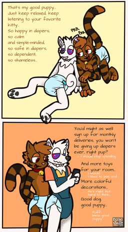 anthro bell bell_collar brown_body brown_fur clothed clothing collar diaper duo financial_domination fur hypnosis male male/male mind_control overalls paws purring ringed_eyes smile spiral stripes text wearing_diaper white_body white_fur nx-42 matthew_gein canid canine canis domestic_cat domestic_dog felid feline felis mammal nordic_sled_dog samoyed spitz absurd_res comic english_text hi_res
