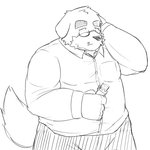 anthro belly clothing eating eyewear food glasses kemono male overweight overweight_anthro overweight_male shirt simple_background solo topwear white_background emufu canid canine canis domestic_dog mammal 1:1 2014 monochrome