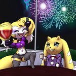 alcohol anthro belt beverage clothing container crop_top cup cute_fangs drinking_glass duo facial_markings fangs female female/female fire fireball fireworks floppy_ears fur furniture gesture glass glass_container glass_cup hand_gesture head_markings legwear lop_ears markings navel open_mouth pointing pointing_up purple_clothing shirt short_stack smile stockings table tail teeth topwear wine_glass yellow_body yellow_fur furball bandai_namco digimon fenekmon renimpmon renimpmon_x digimon_(species) hybrid impmon renamon 1:1 hi_res