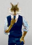 anthro cheek_tuft claws clothed clothing facial_tuft hand_in_pocket looking_at_viewer male necktie pattern_clothing pockets simple_background solo standing striped_clothing stripes topwear tuft vest yellow_eyes mucknagabe beastars legoshi_(beastars) canid canine canis mammal wolf 2015