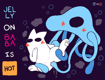 ambiguous_gender blue_body blush bodily_fluids bubble clitoris dripping_vulva dripping_wet duo female female/ambiguous female_feral feral gameplay_mechanics genital_fluids genitals pawpads paws penetration quadruped restrained restrained_by_tentacles restrained_legs sex simple_background steam tentacle_in_vagina tentacle_penetration tentacle_sex tentacles text underwater vaginal vaginal_fluids vaginal_penetration vulva water white_body wide_eyed pincoosh baba_is_you baba aquatic cnidarian jellyfish mammal medusozoan digital_media_(artwork) hi_res signature