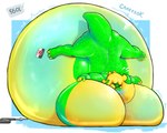 anthro belly big_belly big_breasts big_butt blonde_hair breasts butt eyes_closed featureless_breasts female green_body hair hose hose_inflation huge_belly huge_breasts hyper hyper_belly hyper_breasts immobile liquid_inflation lying_on_self multicolored_body nude questionable_consent resting_on_belly solo sound_effects text water_inflation yellow_body lazygartuz rocio_(lazygartuz) scalie unknown_species 5:4 hi_res