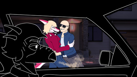 annoyed anthro anthro_focus bald blonde_hair blowing_smoke blue_clothing blue_jacket blue_topwear bone_frill bottomwear building car clothed clothed_anthro clothed_female clothed_human clothed_male clothing denim denim_bottomwear denim_clothing eyes_closed eyewear female fingers frill_(anatomy) grey_bottomwear grey_clothing grey_pants group hair hand_on_hip horn house hug human_on_anthro humanoid_hands inside inside_car inside_vehicle interspecies jacket jeans laugh male male/female male_focus markings medium_hair open_clothing open_jacket open_topwear outline pants pink_body red_clothing red_jacket red_topwear shirt short_hair silhouette smile smirk smoke smoking spiked_tail spikes spikes_(anatomy) standing striped_markings stripes sunglasses tail topwear trio vehicle white_body white_clothing white_outline white_shirt white_topwear sebek_fereh_ra cavemanon_studios i_wani_hug_that_gator inco_(iwhtg) mia_moretti dinosaur hadrosaurid human mammal ornithischian ornithopod parasaurolophus prehistoric_species reptile scalie 16:9 colored hi_res widescreen