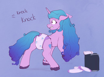 bag blue_hair bracelet clothing cutie_mark diaper diaper_fetish female feral fur gradient_hair hair hooves horn jewelry knocking pink_body pink_fur solo daydreamed hasbro mlp_g5 my_little_pony mythology izzy_moonbow_(mlp) equid equine mammal mythological_creature mythological_equine unicorn hi_res