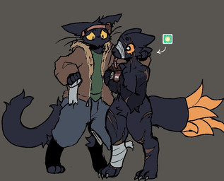 3_toes ambiguous_gender anthro arm_scar bandage bandaged_face bandaged_leg beverage black_body black_fur bottomwear candy chocolate chocolate_milk claws clothed clothed_anthro clothing dessert digitigrade drinking_straw duo eye_scar facial_scar feet finger_claws flavored_milk fluffy fluffy_tail food fur hand_on_head helping holding_beverage holding_object horn jacket leg_scar leg_warmers legwear milk nude_anthro orange_sclera pants sad scar sweatpants tail toe_claws toes topwear yellow_sclera gatotacato casualties:_unknown leo_(gatotacato) canid canine domestic_cat expie_(gunsawian) felid feline felis gunsawian hybrid mammal digital_media_(artwork)