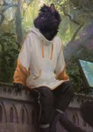 anthro black_body black_fur clothing day detailed_background forest fur grass hoodie male orange_clothing orange_hoodie orange_topwear outside plant purple_eyes solo topwear tree white_clothing white_hoodie white_topwear nomax domestic_cat felid feline felis mammal 2022 digital_media_(artwork) hi_res