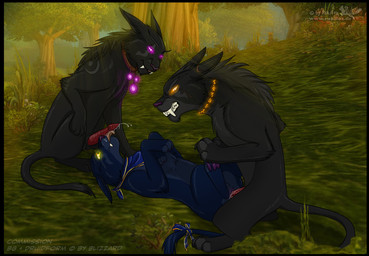 accessory animal_genitalia animal_penis black_body black_border black_fur blue_body blue_fur bodily_fluids border bow_(feature) bow_accessory bow_ribbon cat_form cum detailed_background druid erection fangs feline_genitalia feline_penis fellatio female feral feral_druid feral_on_feral forest fur furgonomics genital_fluids genitals glowing glowing_eyes grass group group_sex licking lying magic_user male male/female nature nude on_back oral orange_eyes outside penetration penile penile_spines penis penis_lick plant purple_eyes ribbons scarf sex sitting spitroast tail tail_accessory tail_bow tail_ribbon teeth threesome tongue tongue_out tree tribal_spellcaster trio vaginal vaginal_fluids vaginal_penetration vulva yellow_eyes rukifox blizzard_entertainment warcraft nachtsturm domestic_cat felid feline felis mammal night_elf_(feral) 2010 hi_res