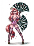 accessory anthro bodysuit breasts chest_tuft cigarette cleavage clothed clothing eyewear female footwear fur garter_straps glasses hair hair_accessory hairpin legwear leotard lingerie monotone_clothing monotone_leotard red_hair sandals shoes skinsuit smoking solo stockings tail tight_clothing tuft war_fan fudchan canid canine fox mammal