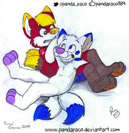 2_tails anthro blonde_hair blue_eyes brown_eyes cheek_tuft dipstick_ears dipstick_tail duo ear_markings facial_tuft fur glistening glistening_eyes grin hair head_tuft heterochromia leg_markings logo male male_anthro markings multi_tail multicolored_ears orange_pawpads pawpads purple_eyes purple_nose red_body red_fur simple_background smile socks_(marking) tail tail_markings text tuft white_background white_body white_fur young young_anthro young_male pandapaco canid canine fox mammal 2017 artist_logo signature url