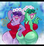 anthro barbel_(anatomy) big_breasts big_butt breasts butt cleavage clothed clothing curvy_figure duo eyes_closed female flower flower_cloud_(spongebob) flower_crown gesture green_body green_scales hand_gesture hand_on_butt hourglass_figure huge_butt lips non-mammal_breasts one-piece_swimsuit open_mouth plant purple_body purple_lips purple_scales red_clothing red_one-piece_swimsuit red_swimwear scales smile swimwear thick_lips thick_thighs v_sign wide_hips somescrub nickelodeon spongebob_squarepants showgirl_fish_(spongebob) fish marine 2023 hi_res