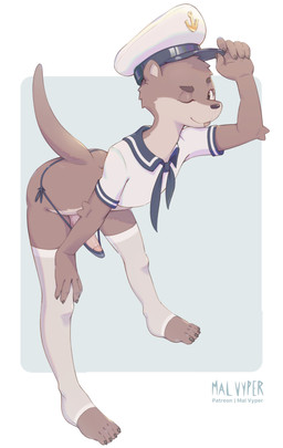 anthro arm_tuft black_nose brown_body brown_fur clothing elbow_tuft eyebrows eyelashes femboy fur genitals hat headgear headwear legwear looking_at_viewer male multicolored_body multicolored_fur one_eye_closed peaked_cap penis sailor_uniform solo standing tail tan_body tan_fur text thigh_highs thong tuft two_tone_body two_tone_fur underwear uniform wink winking_at_viewer malvyper mammal mustelid otter absurd_res artist_name full-length_portrait hi_res portrait