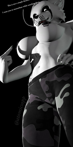 anthro belly_tattoo black_nipples breasts clothing eyelashes female gesture hand_gesture leggings legwear looking_at_viewer military_pants nails nipple_piercing nipples piercing pointing pointing_at_self shadow solo tattoo text white_body white_eyes atomicsopp_sfm petruz_(modeler) kemunie felid feline felis humanoid lynx mammal 3d_(artwork) absurd_res digital_media_(artwork) english_text hi_res source_filmmaker_(artwork)