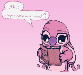 antennae_(anatomy) antennae_markings anthro biped black_eyes bodily_fluids book claws dialogue ear_markings ears_down eyebrows eyelashes female fur gradient_background head_tuft holding_book holding_object jewelry long_antennae markings necklace pink_background pink_body pink_fur pivoted_ears pupils purple_claws purple_markings purple_nose raised_eyebrow reading reading_book simple_background solo speech_bubble standing sweat text tuft upside_down_book white_pupils sgtpieman disney lilo_and_stitch angel_(lilo_and_stitch) alien experiment_(lilo_and_stitch) 2025 colored_sketch constructed_language digital_drawing_(artwork) digital_media_(artwork) fictional_language sketch tantalog_text