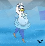 anthro bodily_fluids breasts female furrowed_brow labor on_one_leg pregnant small_breasts snow snowing solo standing sweat tiptoes winter worried nekonishin kirby_(series) kirby_and_the_forgotten_land nintendo fleurina anatid anseriform anserinae avian bird swan