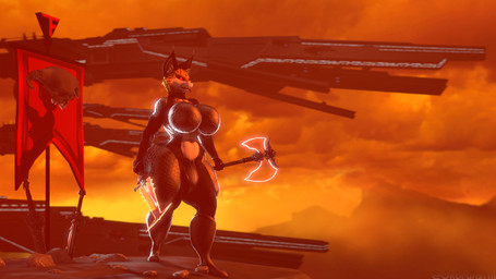 anthro axe belly big_breasts big_bulge black_clothing breasts bulge clothing curvy_figure flag flag_(object) glowing glowing_eyes gynomorph intersex legwear melee_weapon red_eyes solo sword thigh_highs tongue tongue_out weapon ok_bruh warfaremachine_(modeler) nintendo star_fox miyu_(star_fox) warfare_miyu felid feline lynx mammal 16:9 3d_(artwork) digital_media_(artwork) hi_res source_filmmaker_(artwork) widescreen