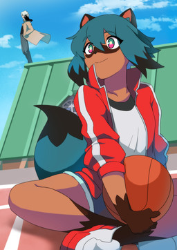 ambiguous_gender anthro ball basketball_(ball) black_body black_fur black_hair blue_body blue_eyes blue_fur blue_hair brown_body brown_fur clothed clothing cloud day female feral fluffy fluffy_tail footwear fur group hair hand_in_pocket holding_object jacket male multicolored_body multicolored_eyes multicolored_fur outside pink_eyes pockets shoes sitting smile tail topwear translucent translucent_hair white_hair kamiyan0912 brand_new_animal studio_trigger michiru_kagemori shirou_ogami avian canid canine human mammal raccoon_dog tanuki hi_res