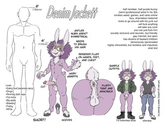 anthro anus biped circumcised circumcision_scar countershade_tail countershading erection eyewear genital_scar genitals glans glasses hair hooves humanoid_genitalia humanoid_penis male penis perineum profanity scar scut_tail short_tail solo tail text denim_(artist) denim_jackett deer hybrid lagomorph leporid mammal new_world_deer rabbit reindeer english_text model_sheet