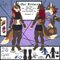 anthro bulge clothing detailed_bulge ear_piercing ear_ring facial_piercing femboy labret_piercing lip_piercing male nose_piercing open_mouth pawpads paws piercing pupils ring_piercing septum_piercing slit_pupils solo text underwear yellow_eyes chelfoxart chelfox calico_fox canid canine cross_fox fox mammal red_fox true_fox 1:1 english_text hi_res model_sheet nonbinary_(lore)