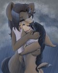 anthro black_hair brown_body brown_fur brown_hair butt cuddling duo female female/female fur hair looking_down looking_up love neck_tuft pink_eyes raining sad scar skinny tail tail_tuft tuft seuchenkater canid canine canis mammal puffel wolf 4:5 absurd_res hi_res