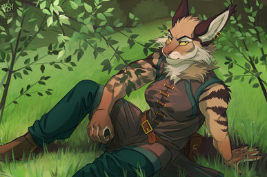anthro belt brown_body brown_fur claws clothed clothing ear_piercing ear_ring ear_tuft female finger_claws footwear fully_clothed fur grass inner_ear_fluff looking_at_viewer nature_background neck_tuft outside piercing plant reclining ring_piercing solo stripes tuft whisker_spots whiskers yellow_eyes el-ricado niki_(shamerli) felid feline lynx mammal 2020 digital_media_(artwork) hi_res signature