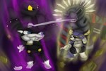 anthro aura belt black_body black_eyes black_fur black_nose blue_eyes claws duo fur gesture hand_gesture jotaro's_hat kerchief male markings mask multicolored_body multicolored_fur pointing pointing_at_another pose purple_aura rock slightly_chubby slightly_chubby_anthro slightly_chubby_male tail tail_markings teeth weapon wheel white_body white_fur yellow_aura jaythefox333 atlus david_production jojo's_bizarre_adventure megami_tensei megami_tensei_persona persona_(series) persona_5 sega iggy_(jjba) morgana_(persona) the_fool_(jjba) zorro_(persona_5) canid canine canis domestic_cat domestic_dog felid feline felis mammal persona_(species) stand_(jjba) tuxedo_cat absurd_res hi_res