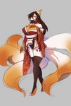 anthro asian_clothing clothed clothing east_asian_clothing female fur japanese_clothing kimono legwear multi_tail orange_body orange_eyes orange_fur solo tail thigh_highs juguitonsfw kaori_(oc) canid canine fox mammal hi_res