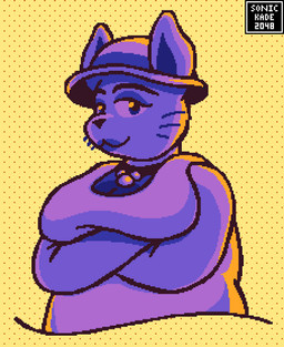 anthro beads bedroom_eyes big_breasts breasts clothed clothing crossed_arms dotted_background ears_up eyebrows female hat headgear headwear lipstick looking_at_viewer makeup narrowed_eyes obese overweight pattern_background seductive simple_background slightly_chubby smile smiling_at_viewer solo three-quarter_view whiskers yellow_background sonickade2048 undertale_(series) qc_(undertale) lagomorph leporid mammal monster rabbit 2025 cel_shading digital_media_(artwork) half-length_portrait pixel_(artwork) portrait shaded signature