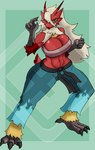 anthro bandage bandaged_chest big_breasts blonde_hair breasts claws feet female fighting_pose flame_pattern hair karate_belt karate_pants pokemorph pose red_body solo talon_hands talons toes diamond_grenadier nintendo pokemon blaziken generation_3_pokemon pokemon_(species) hi_res