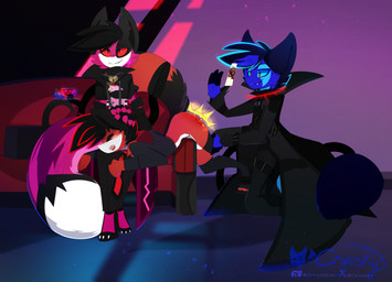 andromorph anthro bent_over blue_body blush bottomless butt butt_slap clothed clothing detailed_background furniture group intersex male male/male pink_body red_body reddened_butt slap sofa spanking trio voidshark_(artist) radulfr_(voidshark) raluca_(voidshark) viorel_(voidshark) canid canine fox mammal vampire vulpin hi_res