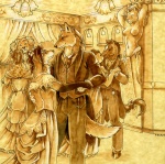 anthro ballroom classy clothing dancing detailed_background dress female formal group male romantic romantic_ambiance romantic_couple ship tail vehicle watercraft heather_bruton titanic canid canine fox mammal monochrome sepia yellow_theme