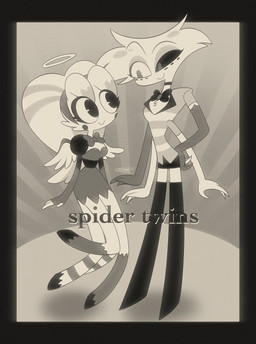 4_arms 4_legs clothed clothing duo feathered_wings feathers female halo male multi_arm multi_limb rubberhose wings enaic31 hazbin_hotel hellaverse angel_dust molly_(hazbin_hotel) angel arachnid arthropod demon humanoid spider absurd_res hi_res monochrome brother_(lore) brother_and_sister_(lore) sibling_(lore) sister_(lore)