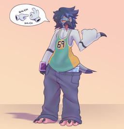 anthro avian_feet beak black_hair bottomwear claws clothing feather_hands feathers gesture hair half-closed_eyes jersey male narrowed_eyes oversized_bottomwear oversized_clothing oversized_pants pants sagging_pants shirt solo sports_jersey suggestive suggestive_gesture toe_claws tongue tongue_out topwear wide_hips fawxythings casey_(fawxythings) avian bird columbid pigeon hi_res