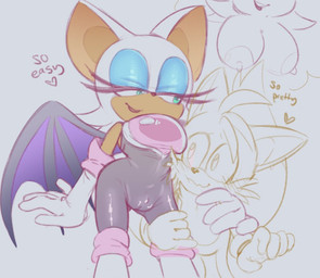 anthro armwear bodysuit boots breasts camel_toe clothing duo elbow_gloves female footwear fur gloves green_eyes handwear hug legwear lipstick makeup male nervous nervous_smile shoes skinsuit smile tan_body thigh_boots thigh_highs tight_clothing white_body white_fur wings funkiepoop sega sonic_the_hedgehog_(series) miles_prower rouge_the_bat bat canid canine fox mammal