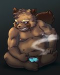 anthro belly brown_body brown_fur bulge clothing fur humanoid_hands kemono male moobs navel nipples overweight overweight_anthro overweight_male simple_background sitting solo underwear c22h20o13 sakusan_kc canid canine mammal raccoon_dog tanuki 2020 hi_res