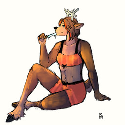 anthro antlers beef_brat blue_eyes clothing dark_hair female food horn popsicle sitting solo sunset swimwear deltarune undertale_(series) dess_holiday deer mammal