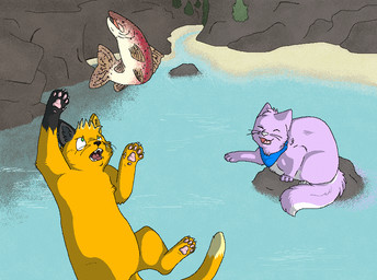 ambiguous_gender black_body black_fur black_nose black_whiskers blue_kerchief blue_neckerchief claws day detailed_background digitigrade duo eyes_closed feral fur gesture green_eyes hand_gesture head_tuft jumping kerchief laugh laughing_at midair neckerchief neckwear on_rock open_mouth orange_body orange_fur outside pawpads paws pink_pawpads pink_tongue pointing pointing_at_another purple_body purple_fur river rock sitting sitting_on_rock tail tongue tuft water whiskers white_body white_claws white_fur sebdoggo kabocha_pai kiya_lina aquatic domestic_cat felid feline felis fish mammal trout 2012 aliasing cel_shading digital_drawing_(artwork) digital_media_(artwork) microsoft_paint_(artwork) shaded