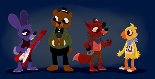 3_toes 4_toes alternate_form alternate_species anthro anthrofied barefoot bow_(feature) bow_tie clothed clothing electric_guitar eye_patch eyewear feet female furrification group guitar happy hat headgear headwear hook male musical_instrument plucked_string_instrument scarf simple_background smile standing string_instrument toes top_hat orlandofox cc-by-nc-nd creative_commons five_nights_at_freddy's flying_v gibson night_in_the_woods scottgames bonnie_(fnaf) chica_(fnaf) foxy_(fnaf) freddy_(fnaf) avian bear bird canid canine chicken fox galliform lagomorph leporid mammal phasianid rabbit 2018 crossover digital_media_(artwork) hi_res
